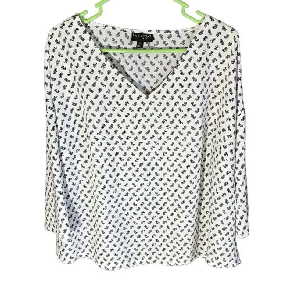 Lane Bryant Size 16 off White blue paisley Top blouse shirt short sleeve